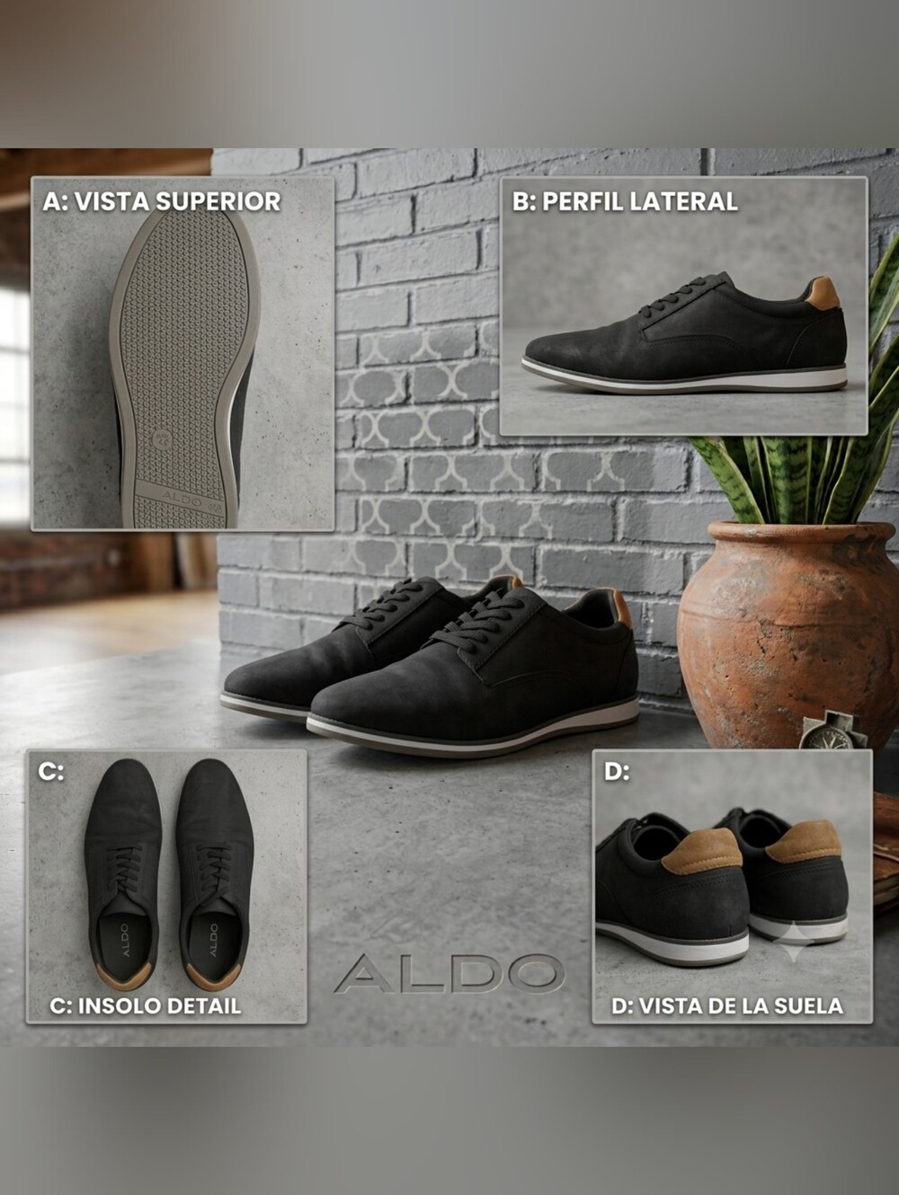 Aldo Men’s Black Derby Shoes with Tan Heel Accent Size 9